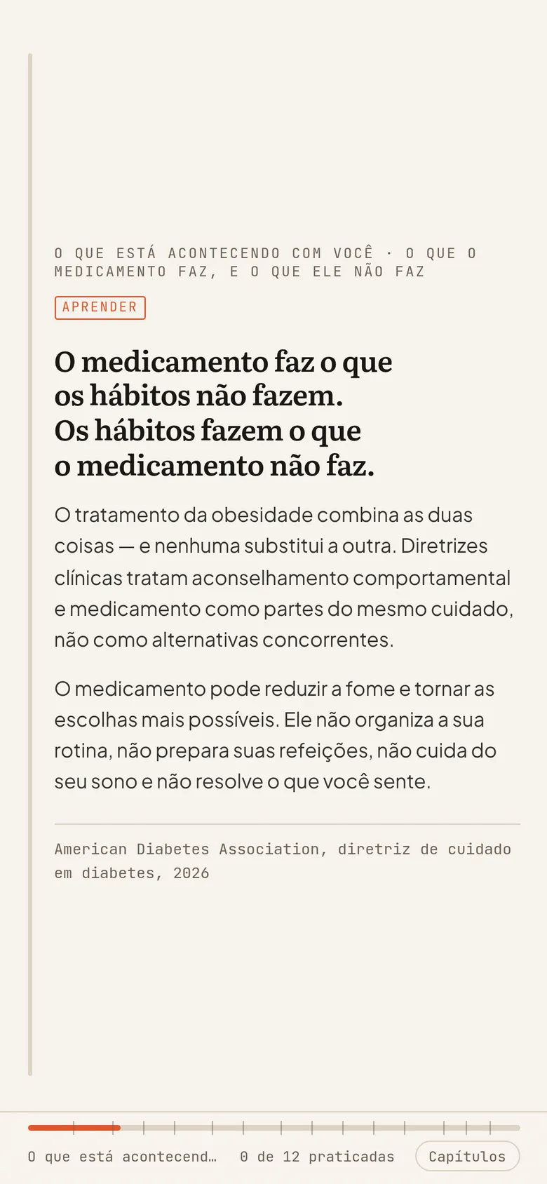 Tela do Guia Caneta Ativa: 'O medicamento faz o que os hábitos não fazem', com a fonte citada ao pé
