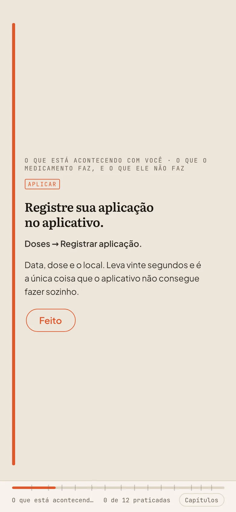 Tela do Guia Caneta Ativa: 'Registre sua aplicação no aplicativo', com o botão Feito