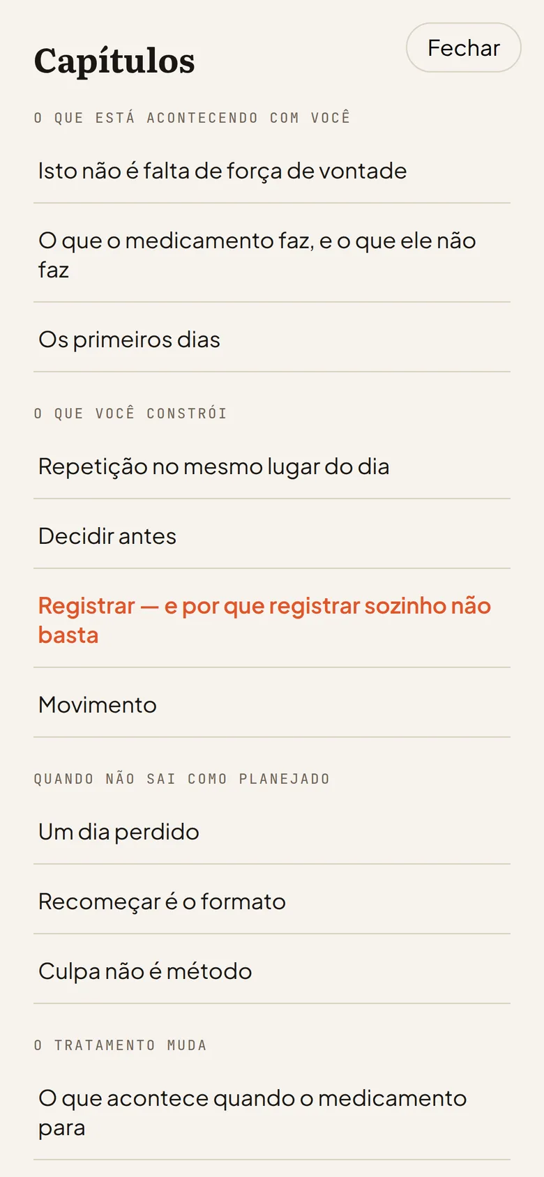 O sumário do Guia Caneta Ativa aberto, com os cinco módulos e os catorze capítulos
